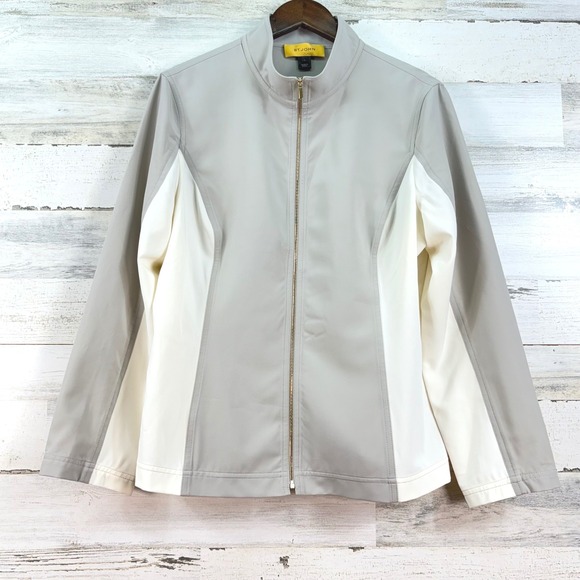 St. John Jackets & Blazers - St John Womens Large Grey Cream Colorblock Full Zip Mock Neck Jacket L‎ Sporty